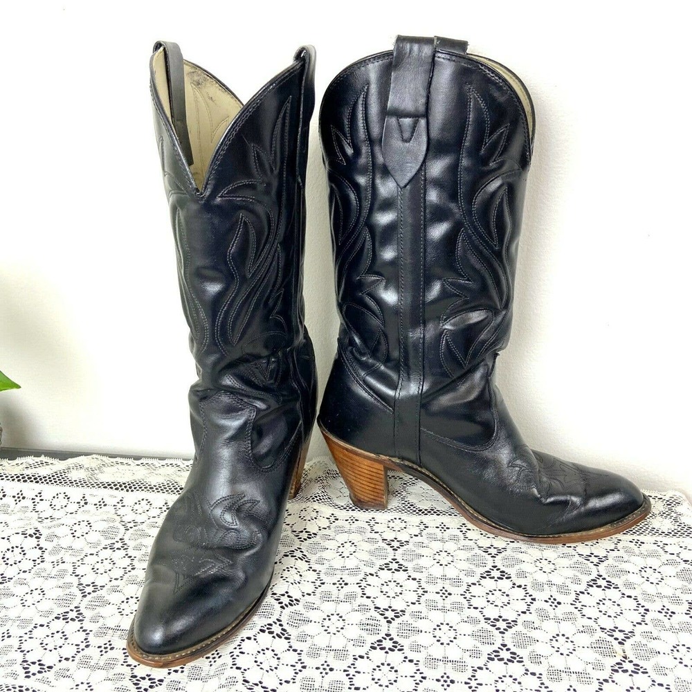 Womens Vintage Capezio Black Leather Western Boots 10 M Cowboy Stacked Heel